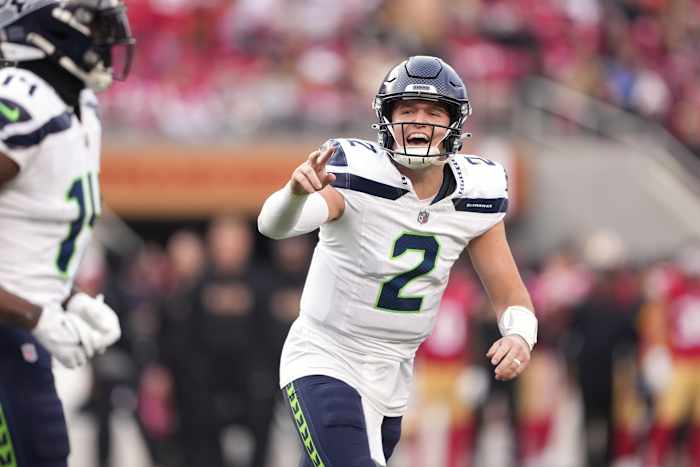 Dec 10, 2023; Santa Clara, California, USA; Seattle Seahawks quarterback Drew Lock (2) yells after throwing a touchdown pass against the San Francisco 49ers during the third quarter at Levi's Stadium.
